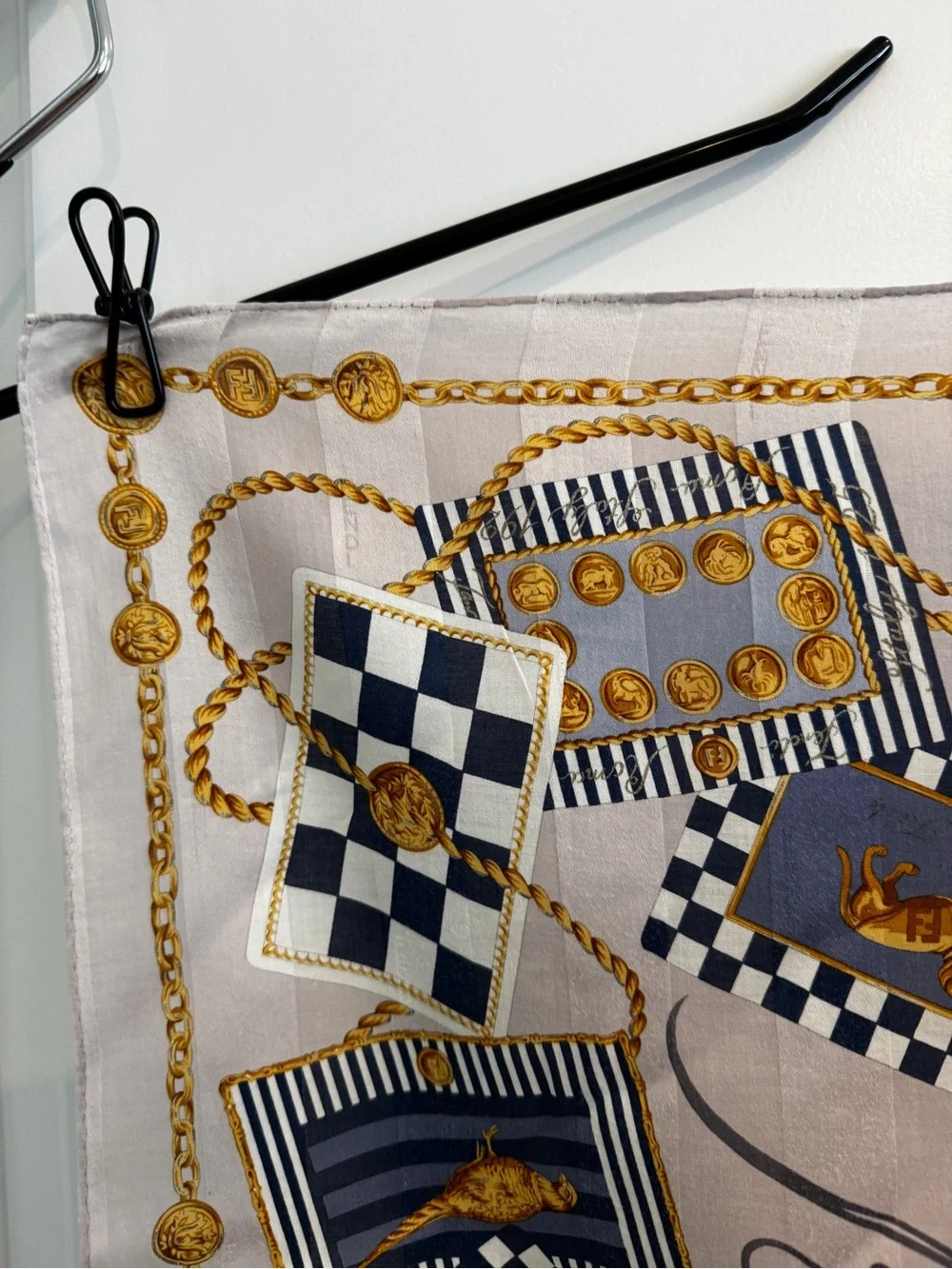 Fendi Beige, Navy & Gold Chain Motif Silk Scarf - Picture 8 of 10